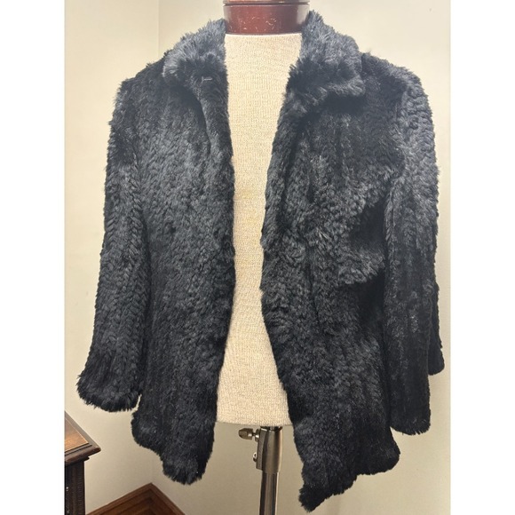 Rabbit Fur Coat Jacket Black Collared Winter Warm Outerwear One Size‎ - Picture 1 of 8